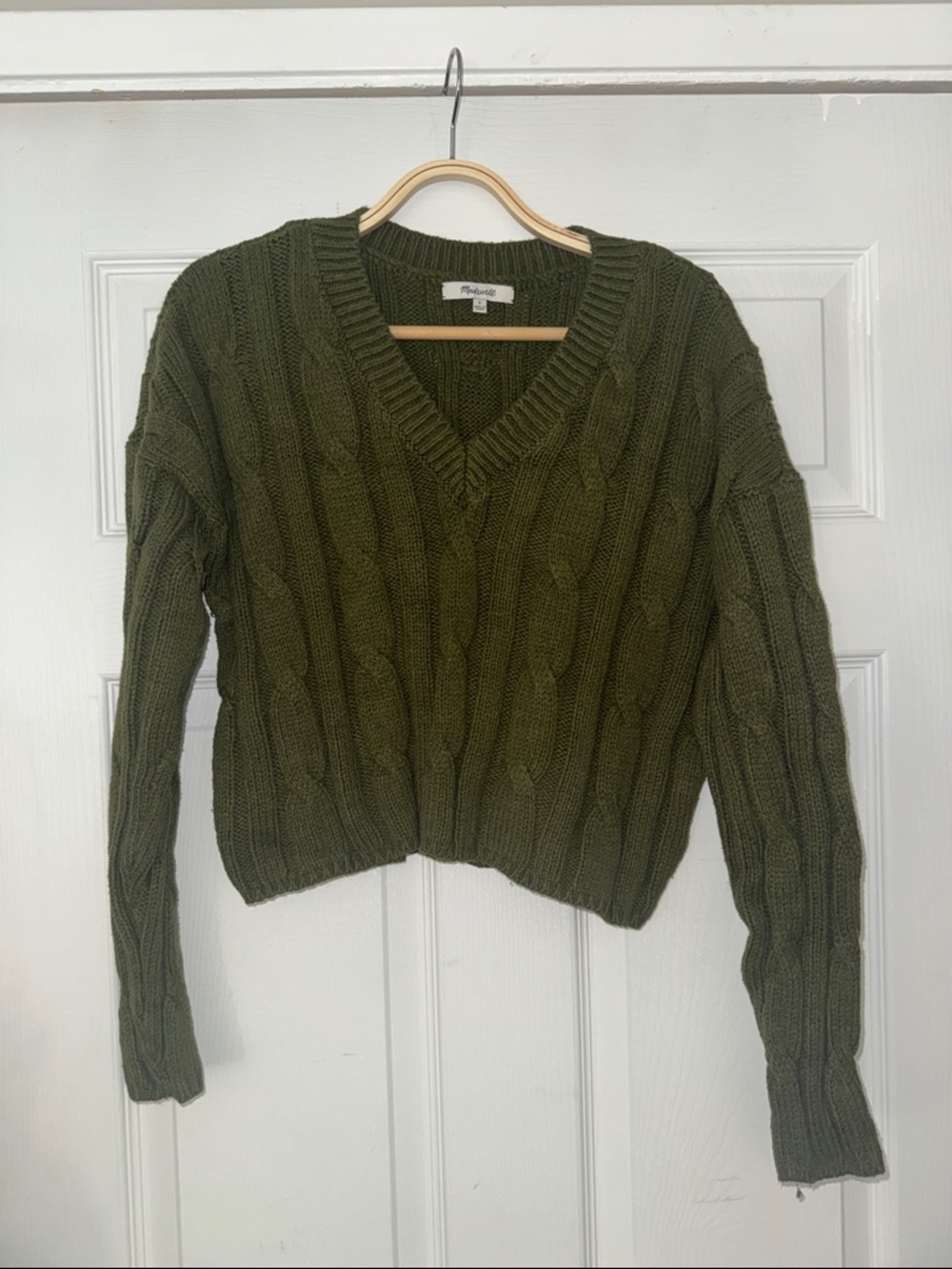 Madewell Olive Green Cable V-Neck Sweater